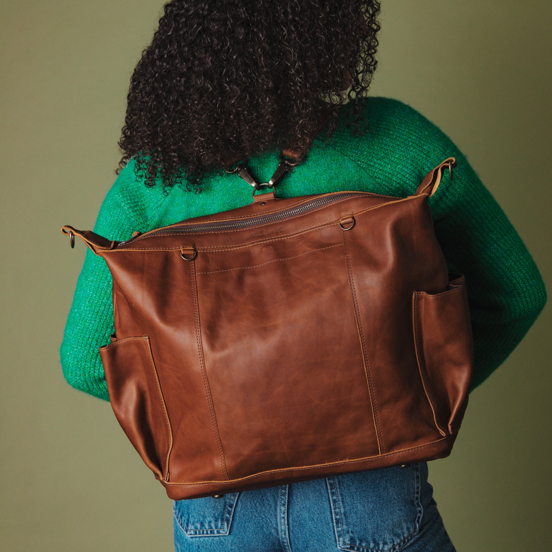 Rainbow Feathered Serpent Chevron with Natural Tan Leather Large  Convertible Day Bag with leather shoulder strap and backpack straps