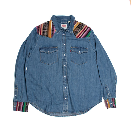 DENIM SHIRT WITH ARTISAN TEXTILE DETAILS - SIZE L - NO. 14575