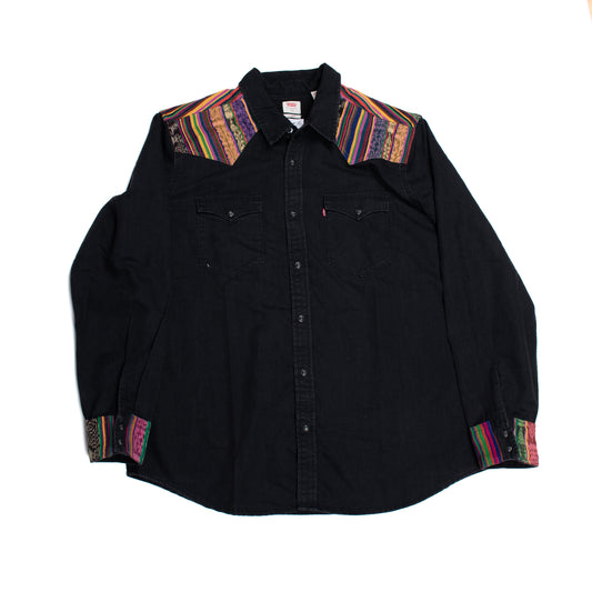 DENIM SHIRT WITH ARTISAN TEXTILE DETAILS - SIZE XL - NO. 14581