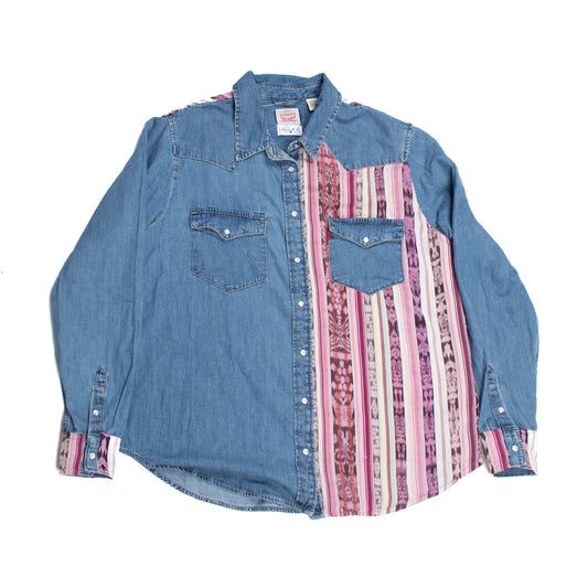 DENIM SHIRT WITH ARTISAN TEXTILE DETAILS - SIZE XL - NO. 14582