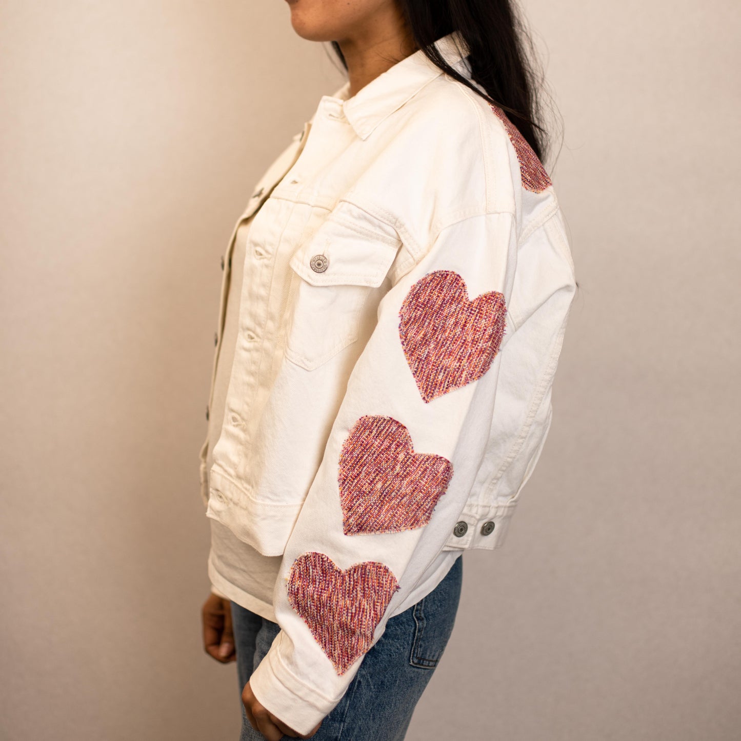 EMBROIDERED JACKET - WHITE DENIM - RED ARTISAN HEARTS