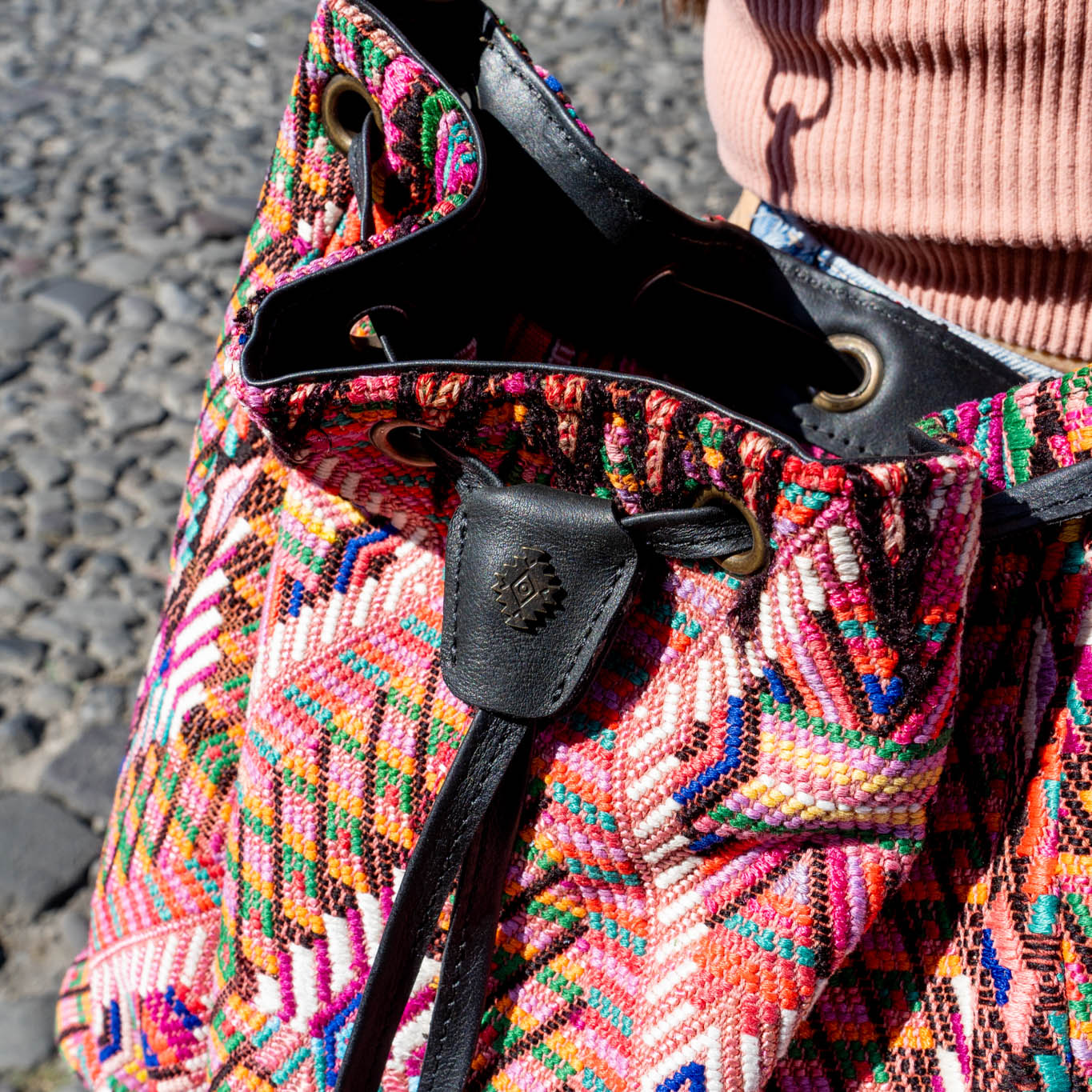 DRAWSTRING BUCKET BAG - OOAK HUIPIL - BLACK - NO. 14886