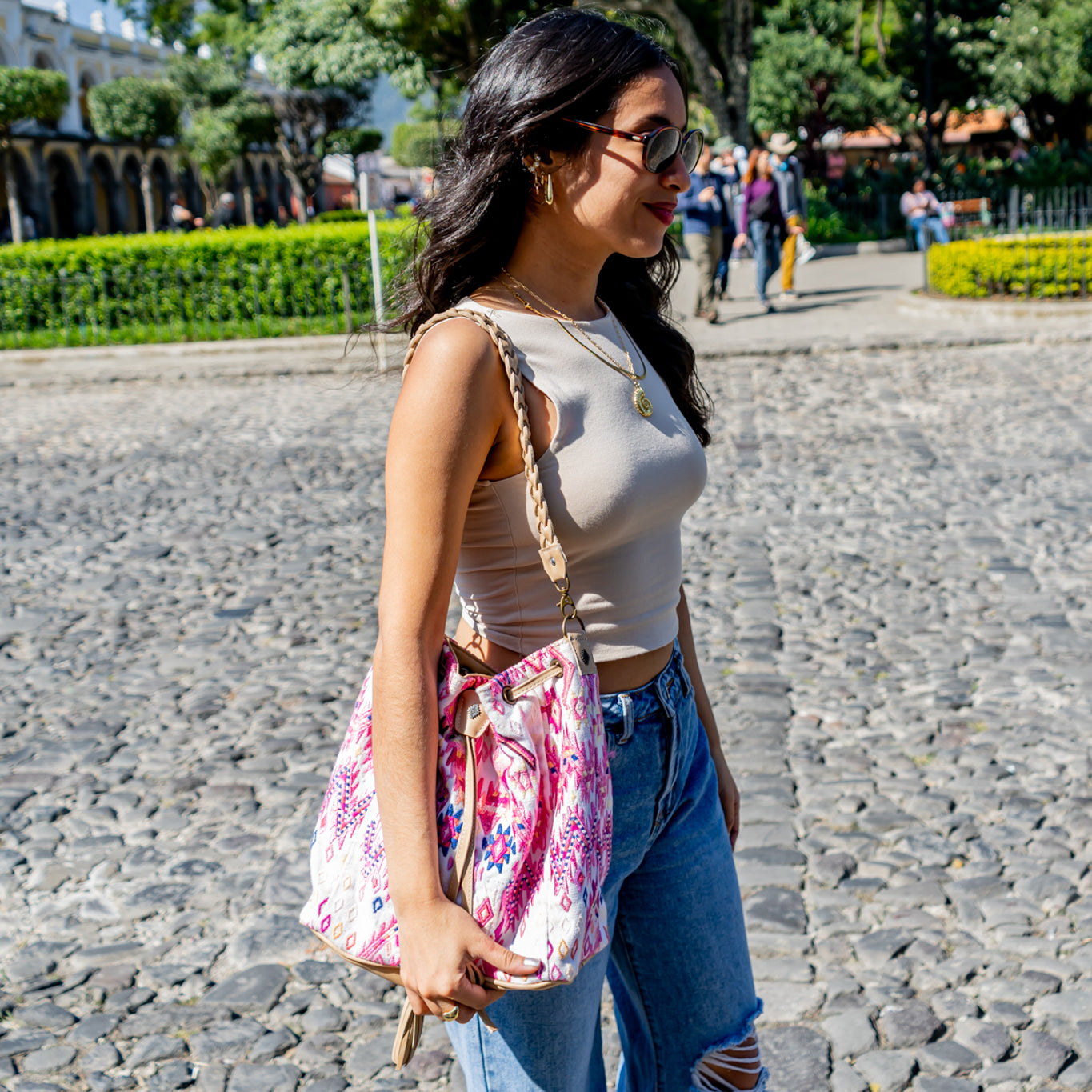 DRAWSTRING BUCKET BAG - OOAK HUIPIL - LATTE - NO. 14898