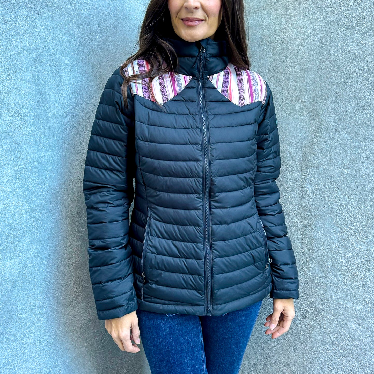 PUFFER JACKET WITH ARTISAN FABRIC DETAIL - SIZE M - NO. PJ108