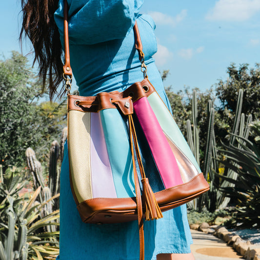 DRAWSTRING BUCKET BAG - LOVE STORY LEATHER PANEL