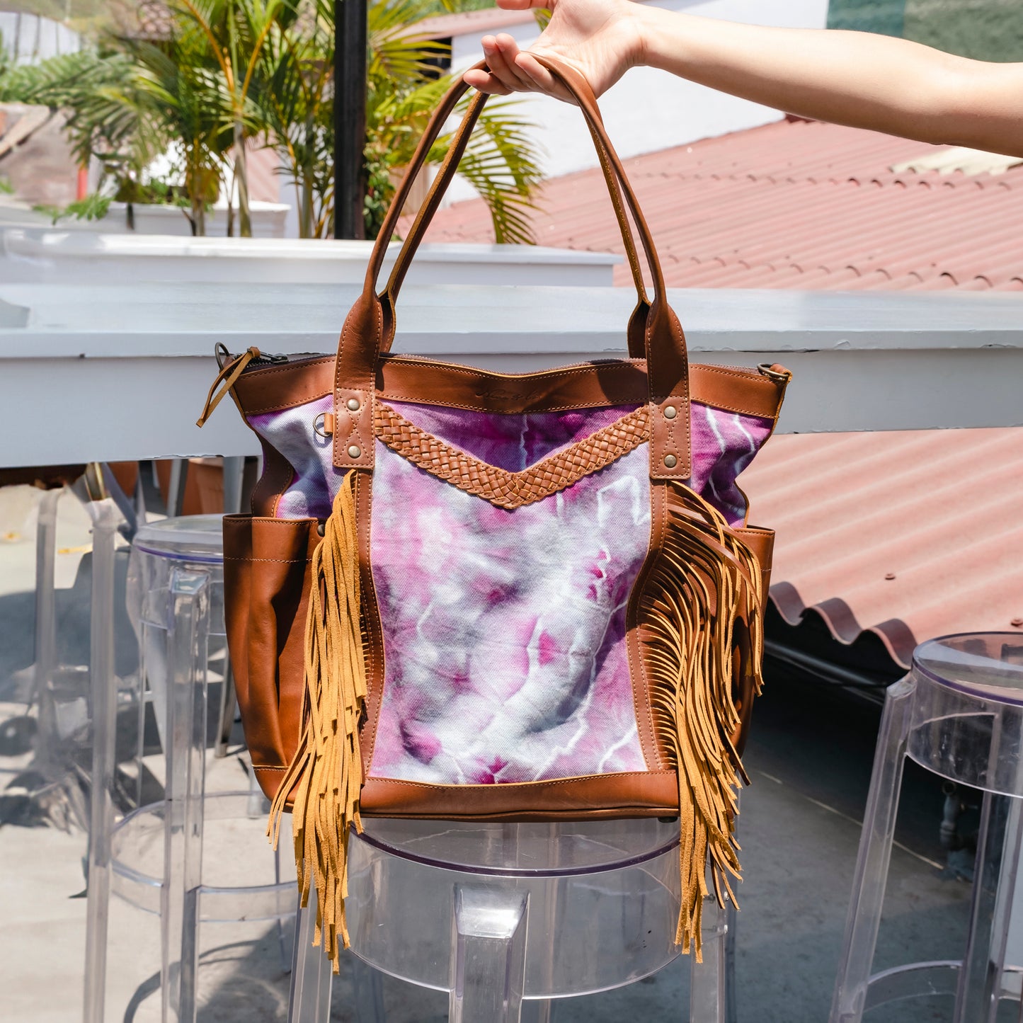 FRINGE PERFECT BAG - TIE DYED DENIM - CAFE - NO. 11300