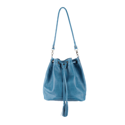 DRAWSTRING BUCKET BAG - FULL LEATHER - CERULEAN