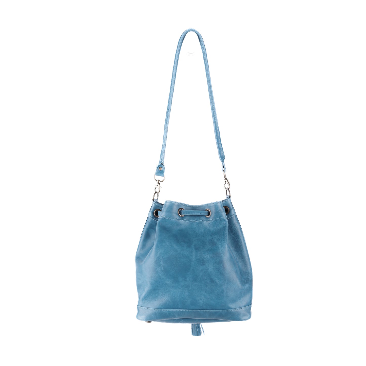 DRAWSTRING BUCKET BAG - FULL LEATHER - CERULEAN