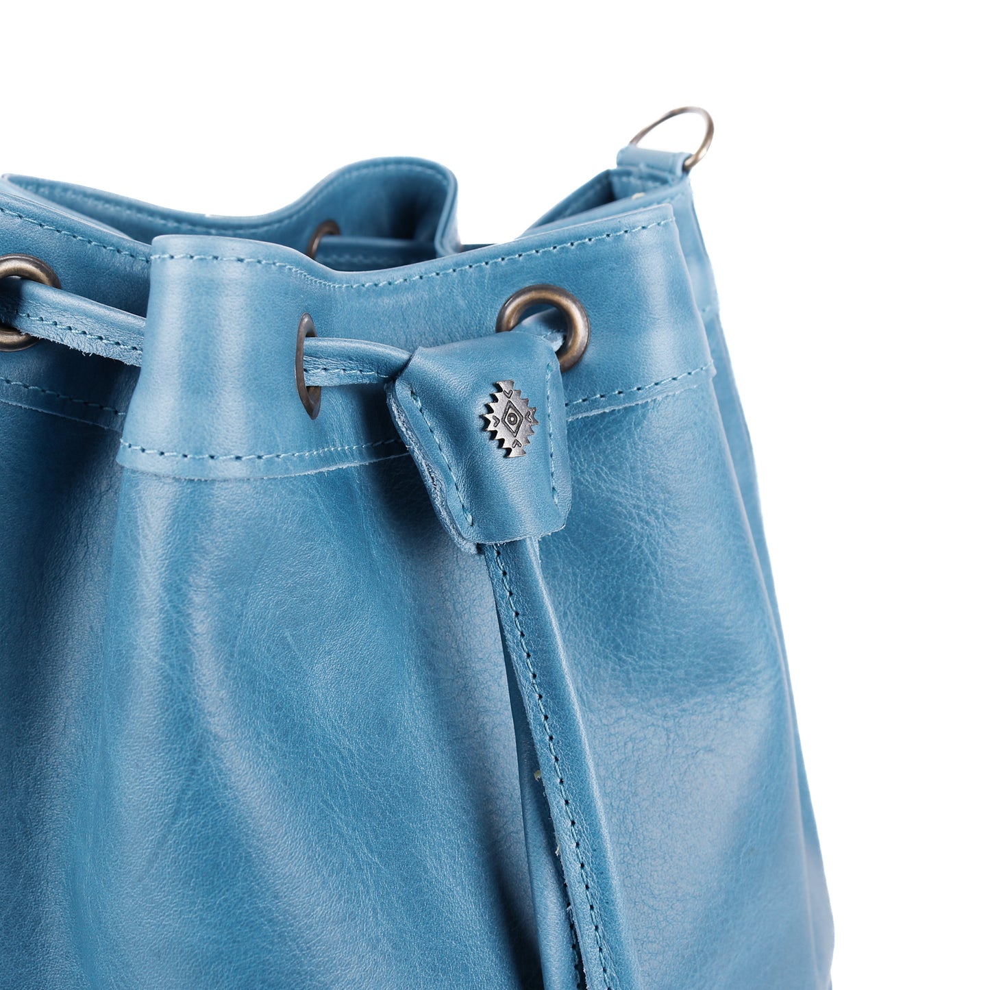 DRAWSTRING BUCKET BAG - FULL LEATHER - CERULEAN