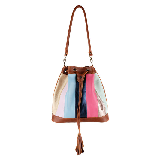 DRAWSTRING BUCKET BAG - LOVE STORY LEATHER PANEL