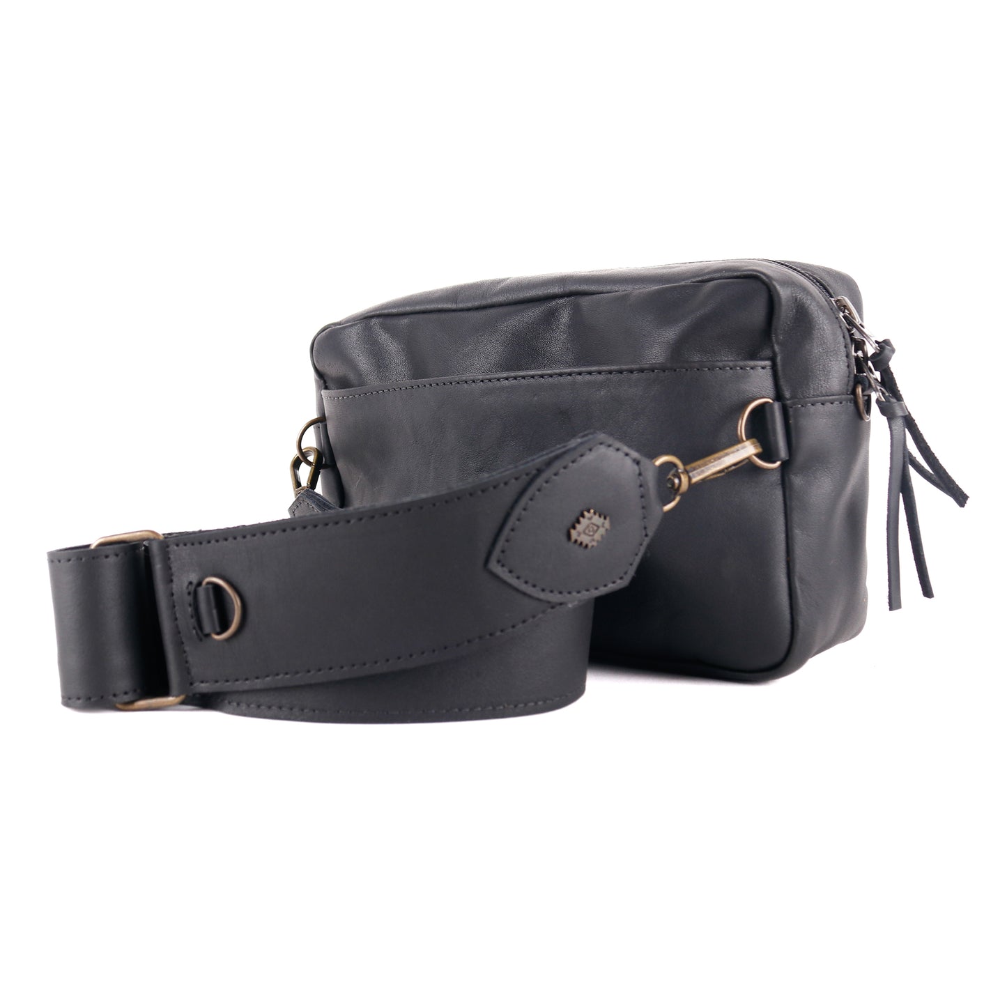 LARGE WANDER CROSSBODY BAG + STRAP SET - FULL LEATHER - BLACK