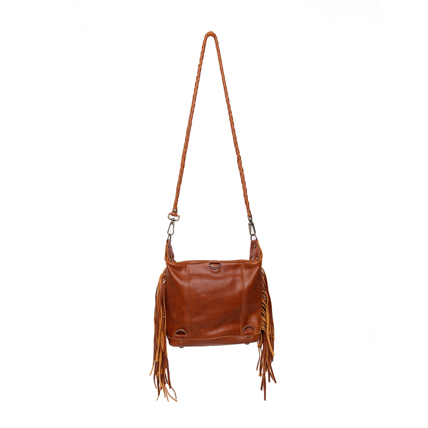 Roots Genuine Leather Fringe Purse Crossbody Brown Braided Strap