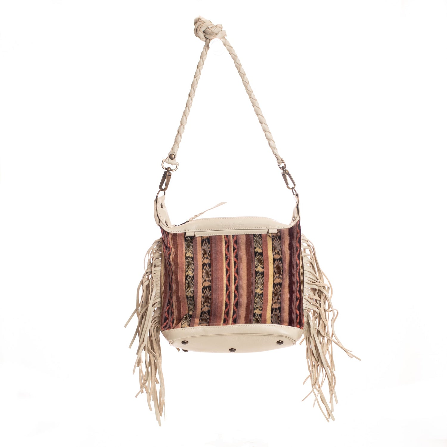 Roots Genuine Leather Fringe Purse Crossbody Brown Braided Strap