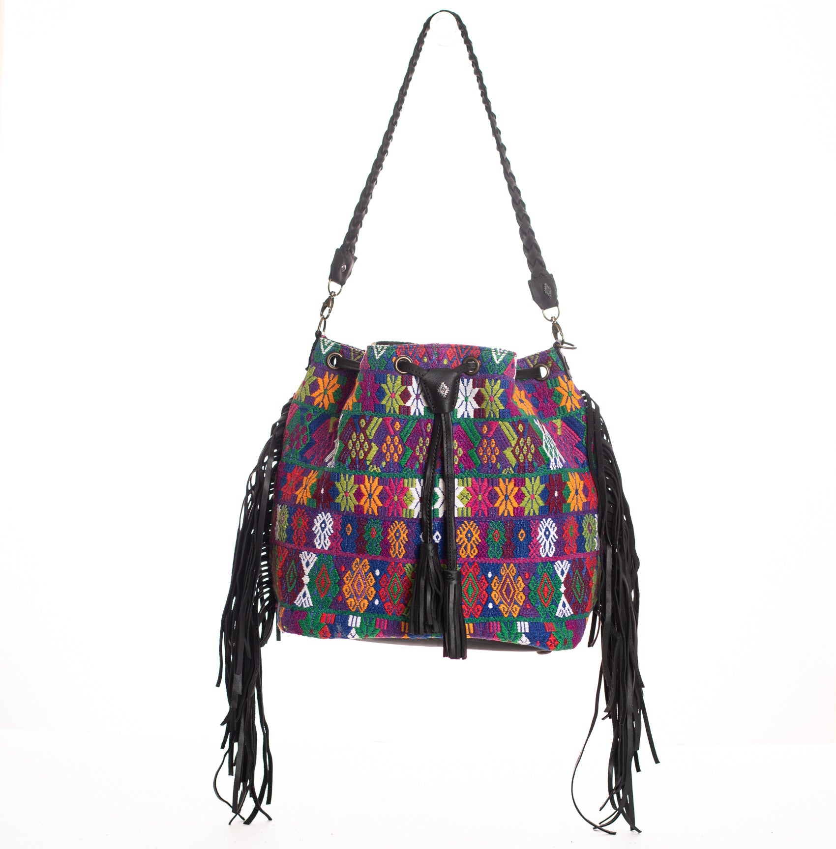 DRAWSTRING BUCKET BAG WITH FRINGE - VINTAGE OOAK TEXTILE - BLACK - NO ...