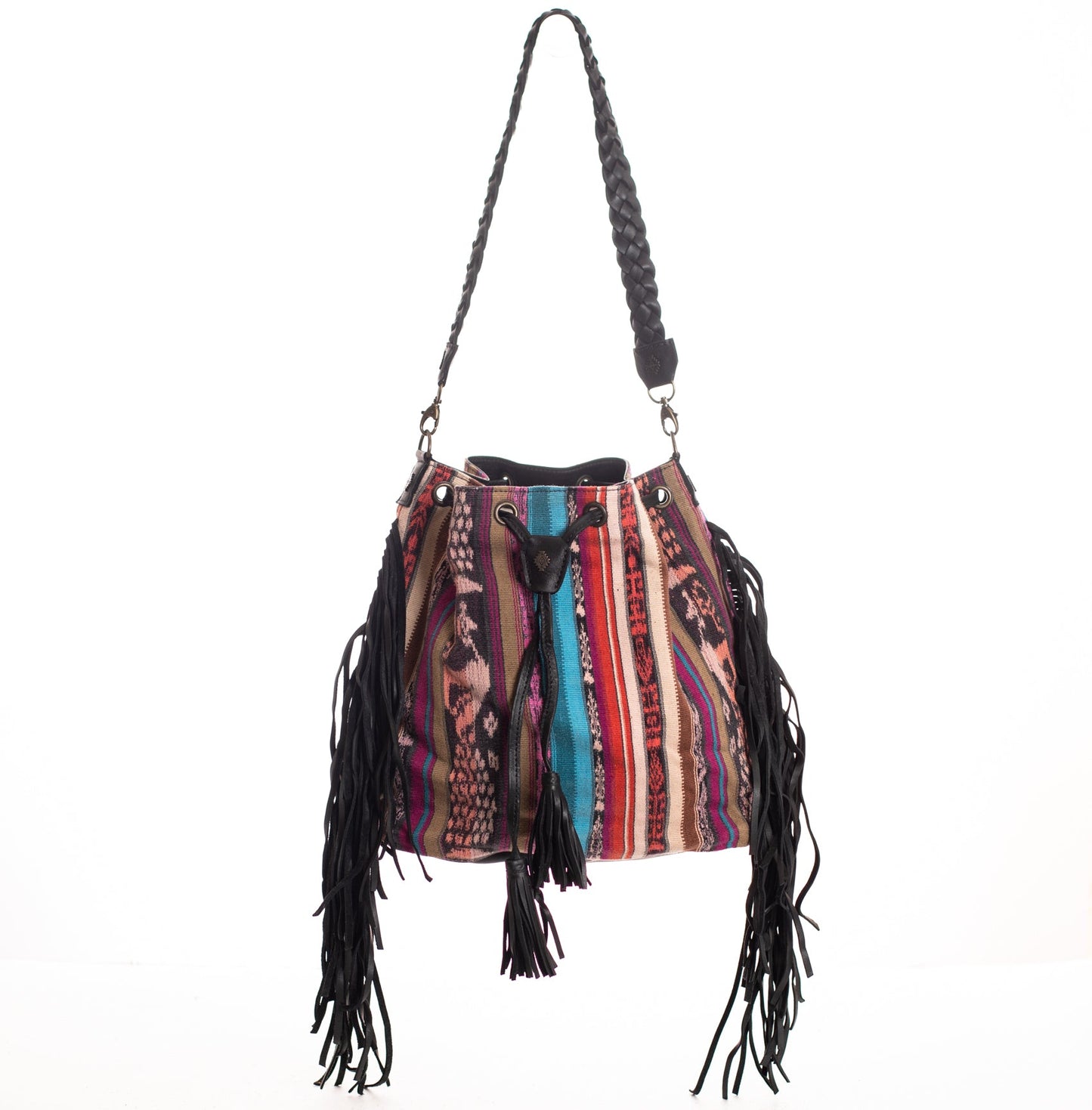 DRAWSTRING BUCKET BAG WITH FRINGE - OOAK CORTE DE PLAYA - BLACK - NO. 28096