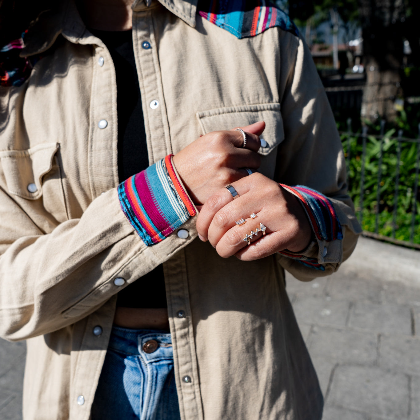 DENIM SHIRT WITH ARTISAN TEXTILE DETAILS - SIZE M - NO. 14573