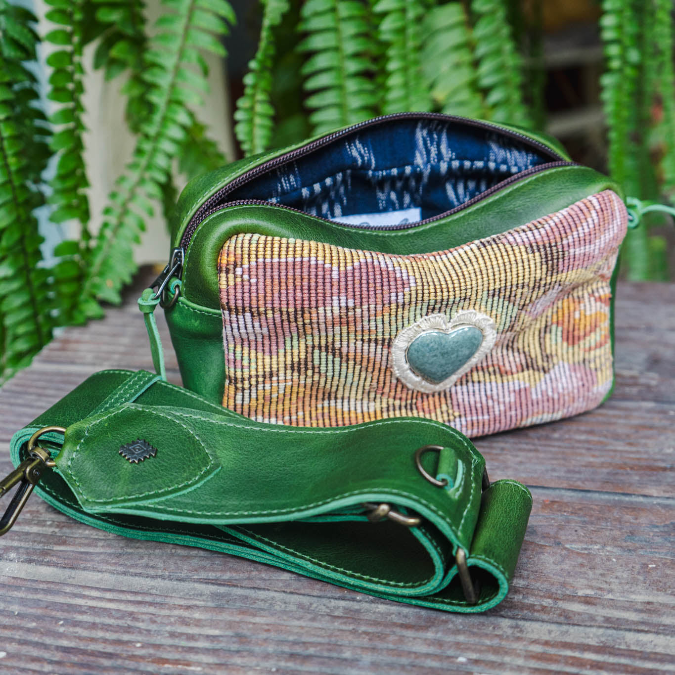 WANDER CROSSBODY BAG + STRAP SET - OOAK HUIPIL WITH JADE HEART - EMERALD - NO. 15250