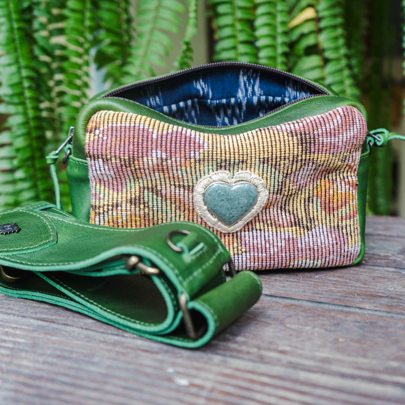 WANDER CROSSBODY BAG + STRAP SET - OOAK HUIPIL WITH JADE HEART - EMERALD - NO. 15250