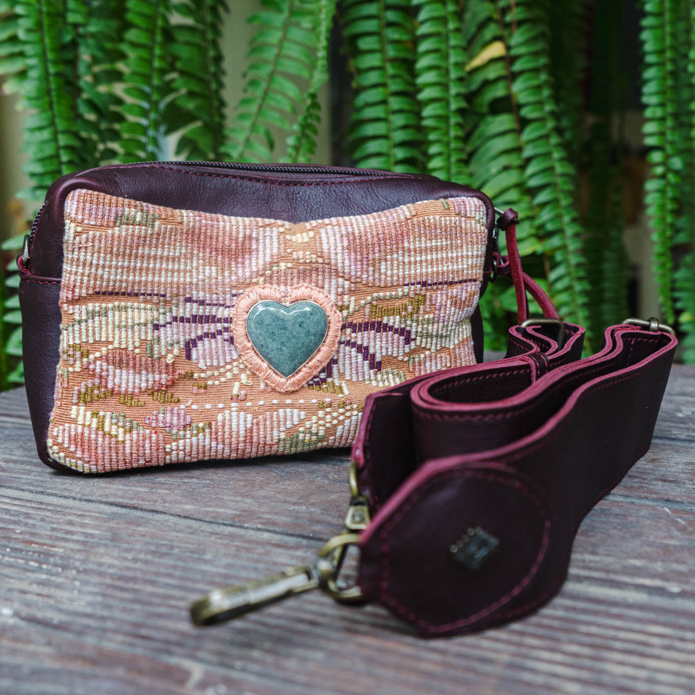 WANDER CROSSBODY BAG + STRAP SET - OOAK HUIPIL WITH JADE HEART - VINO TINTO - NO. 15249