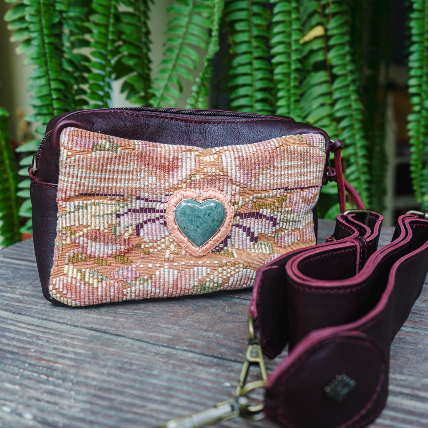 WANDER CROSSBODY BAG + STRAP SET - OOAK HUIPIL WITH JADE HEART - VINO TINTO - NO. 15249