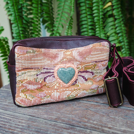 WANDER CROSSBODY BAG + STRAP SET - OOAK HUIPIL WITH JADE HEART - VINO TINTO - NO. 15249