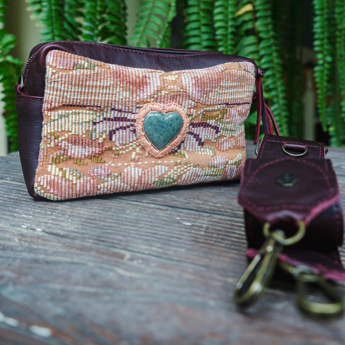 WANDER CROSSBODY BAG + STRAP SET - OOAK HUIPIL WITH JADE HEART - VINO TINTO - NO. 15249