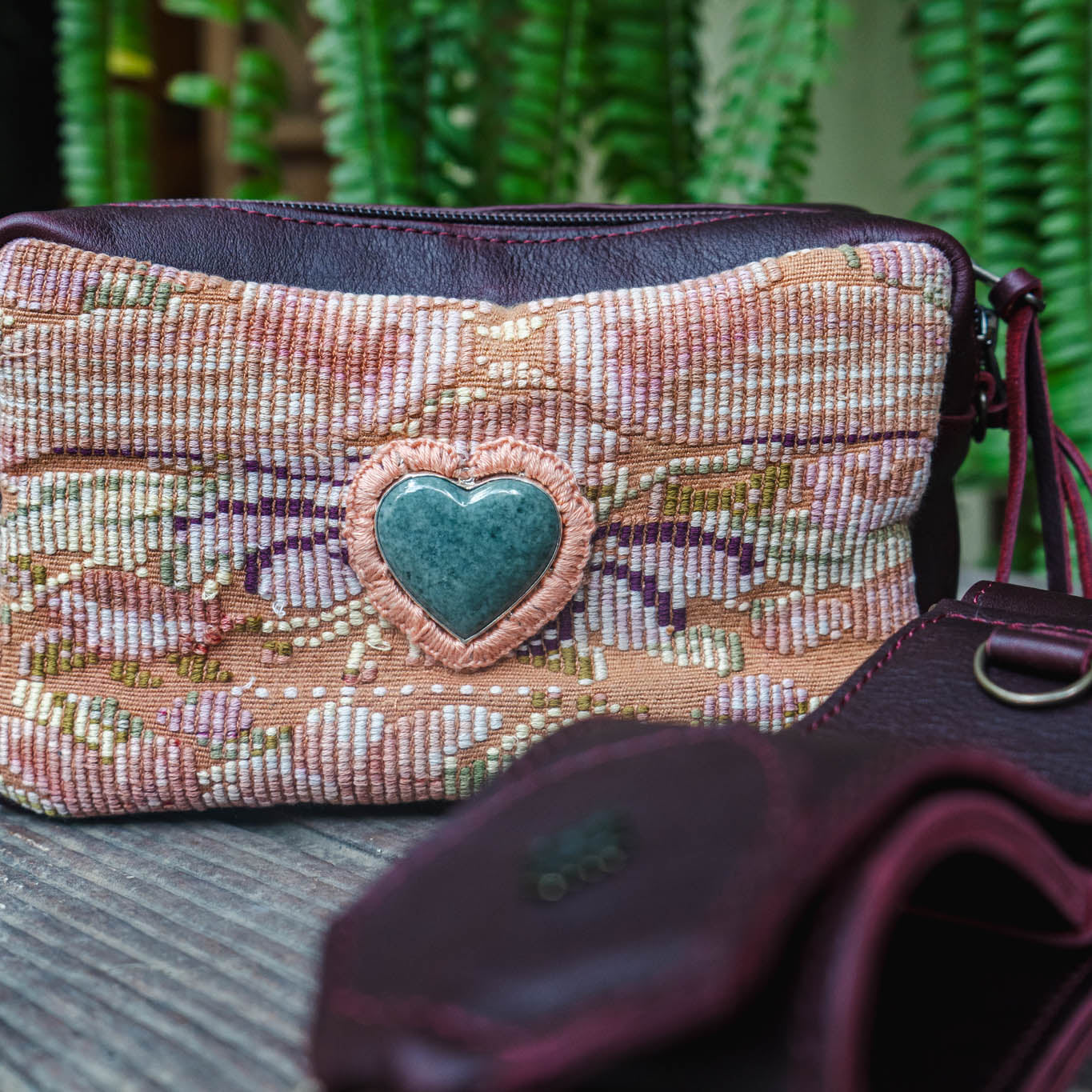 WANDER CROSSBODY BAG + STRAP SET - OOAK HUIPIL WITH JADE HEART - VINO TINTO - NO. 15249