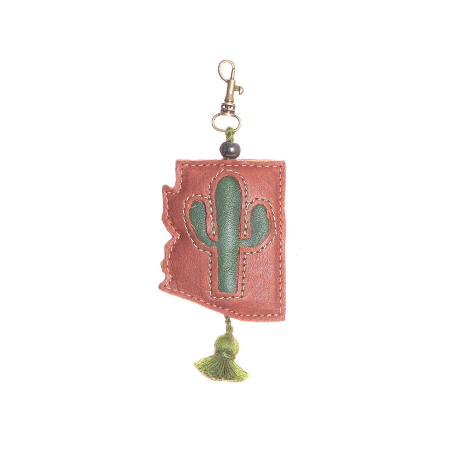 ARIZONA CACTUS - LEATHER CHARM WITH TASSEL - SIENNA & DEEP EMERALD