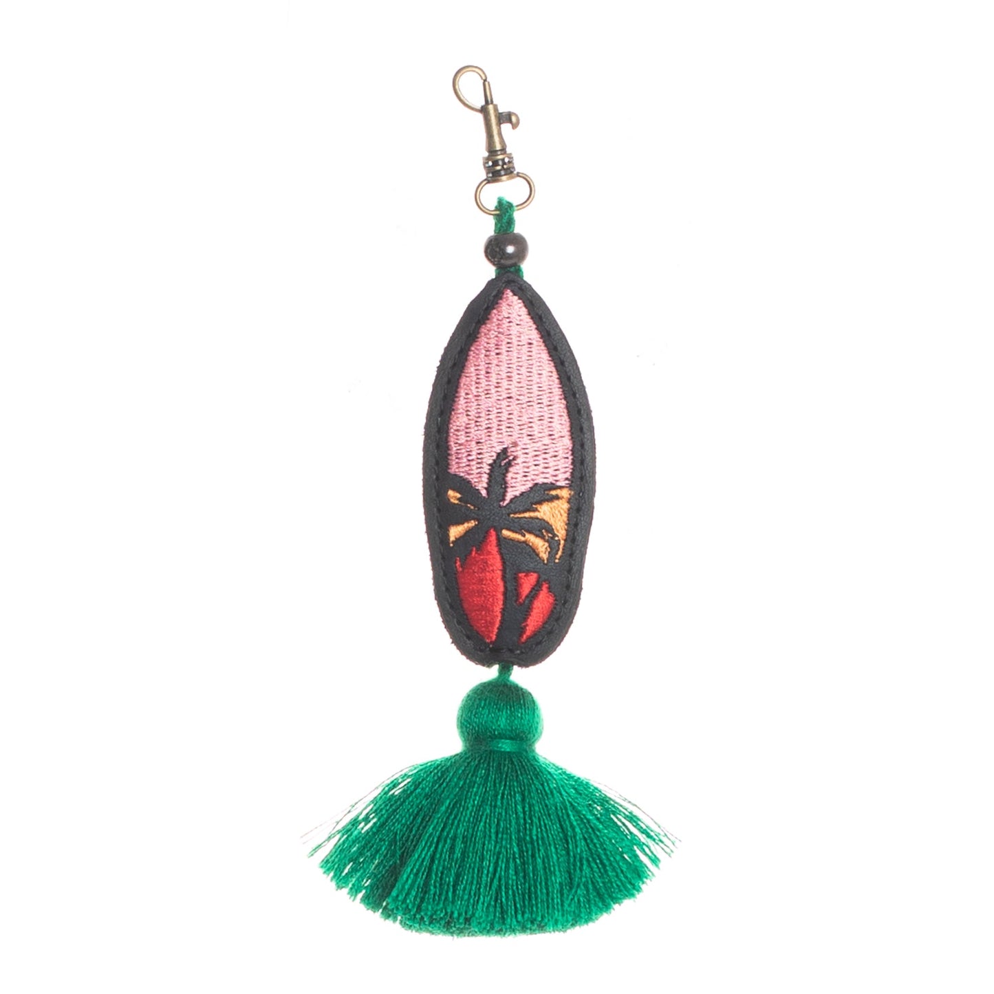 EMBROIDERED SURFBOARD CHARM - LEATHER CHARM WITH TASSEL